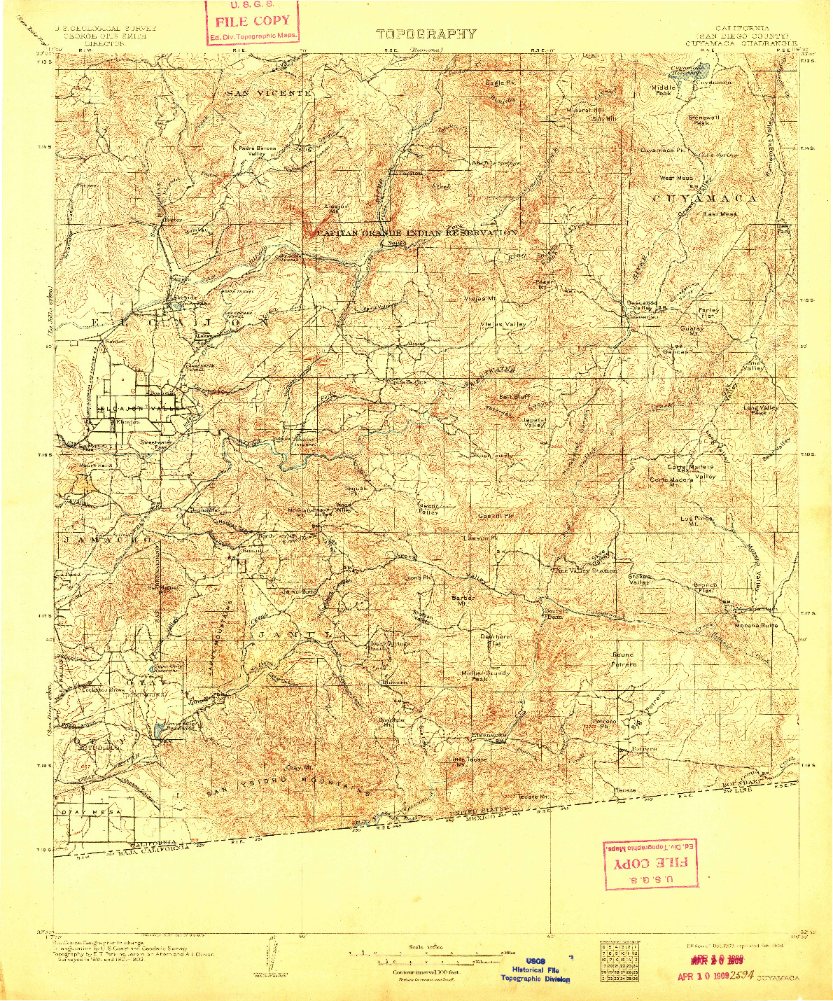 USGS 1:125000-SCALE QUADRANGLE FOR CUYAMACA, CA 1903