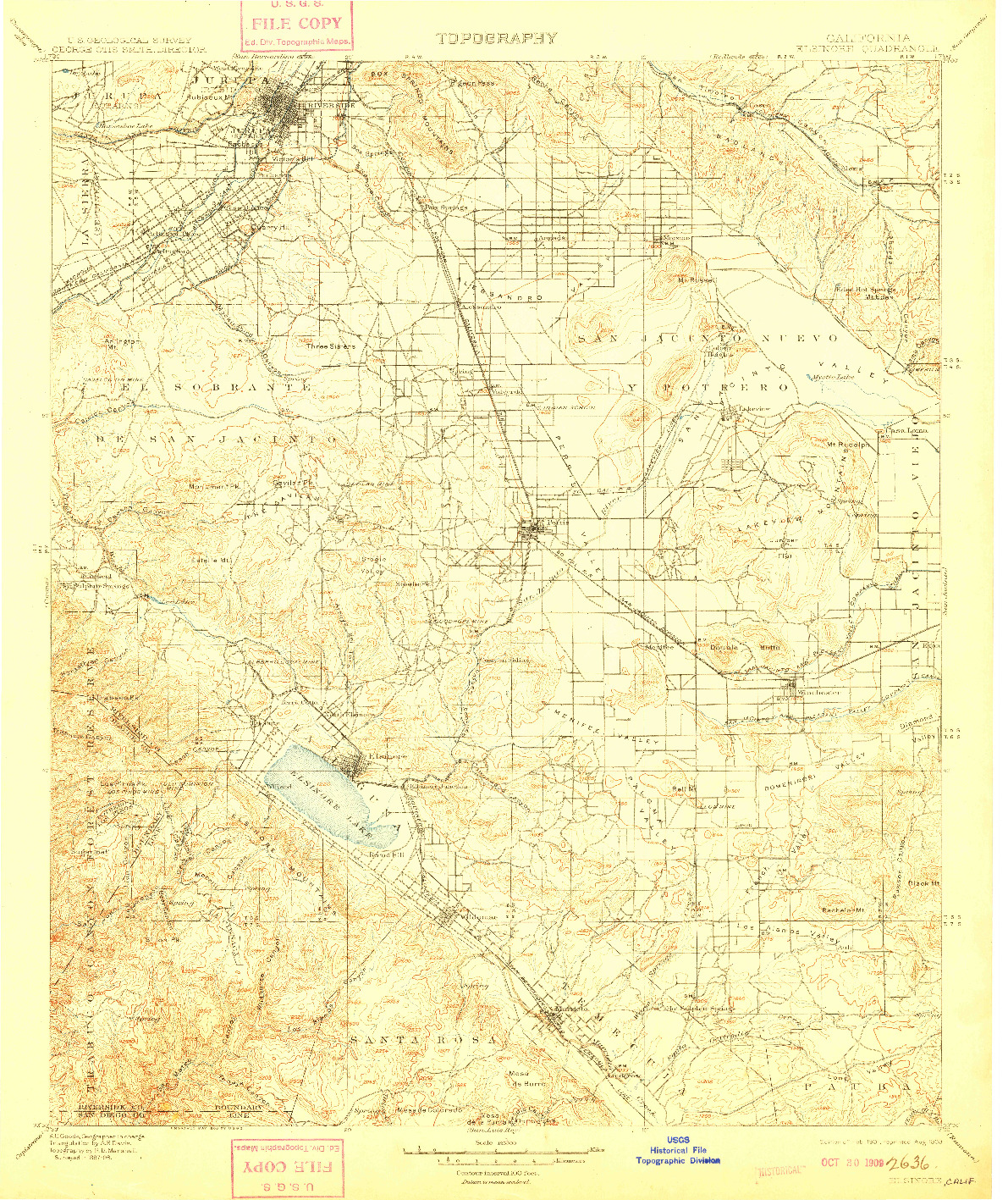 USGS 1:125000-SCALE QUADRANGLE FOR ELSINORE, CA 1901