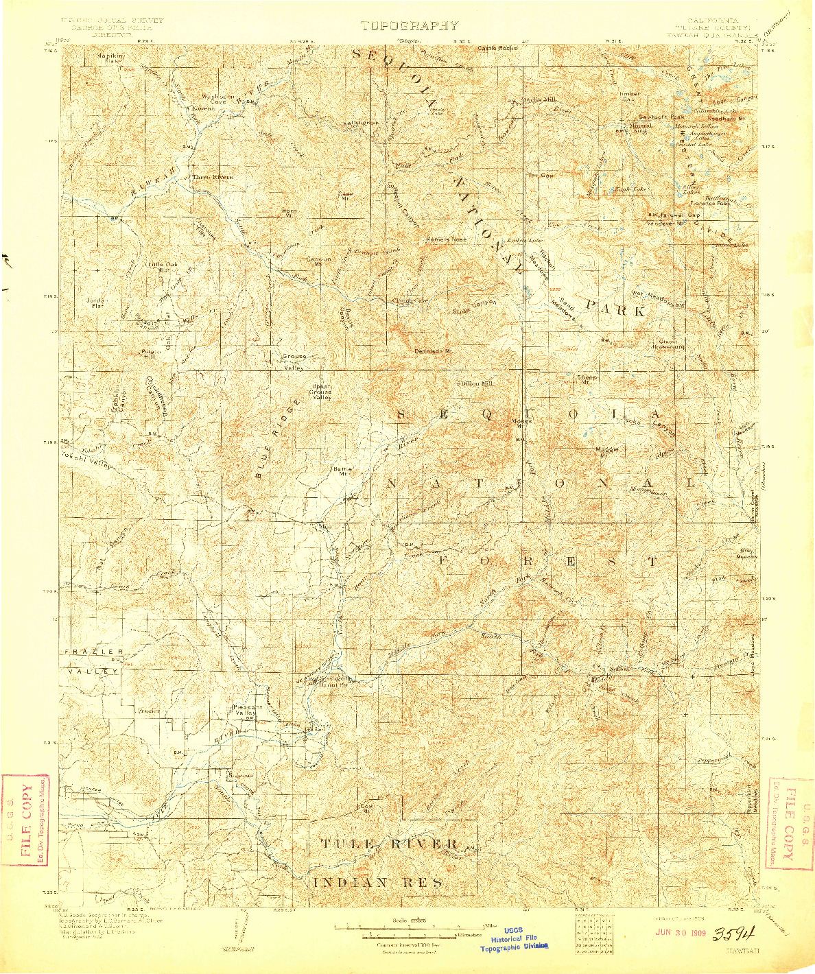 USGS 1:125000-SCALE QUADRANGLE FOR KAWEAH, CA 1909