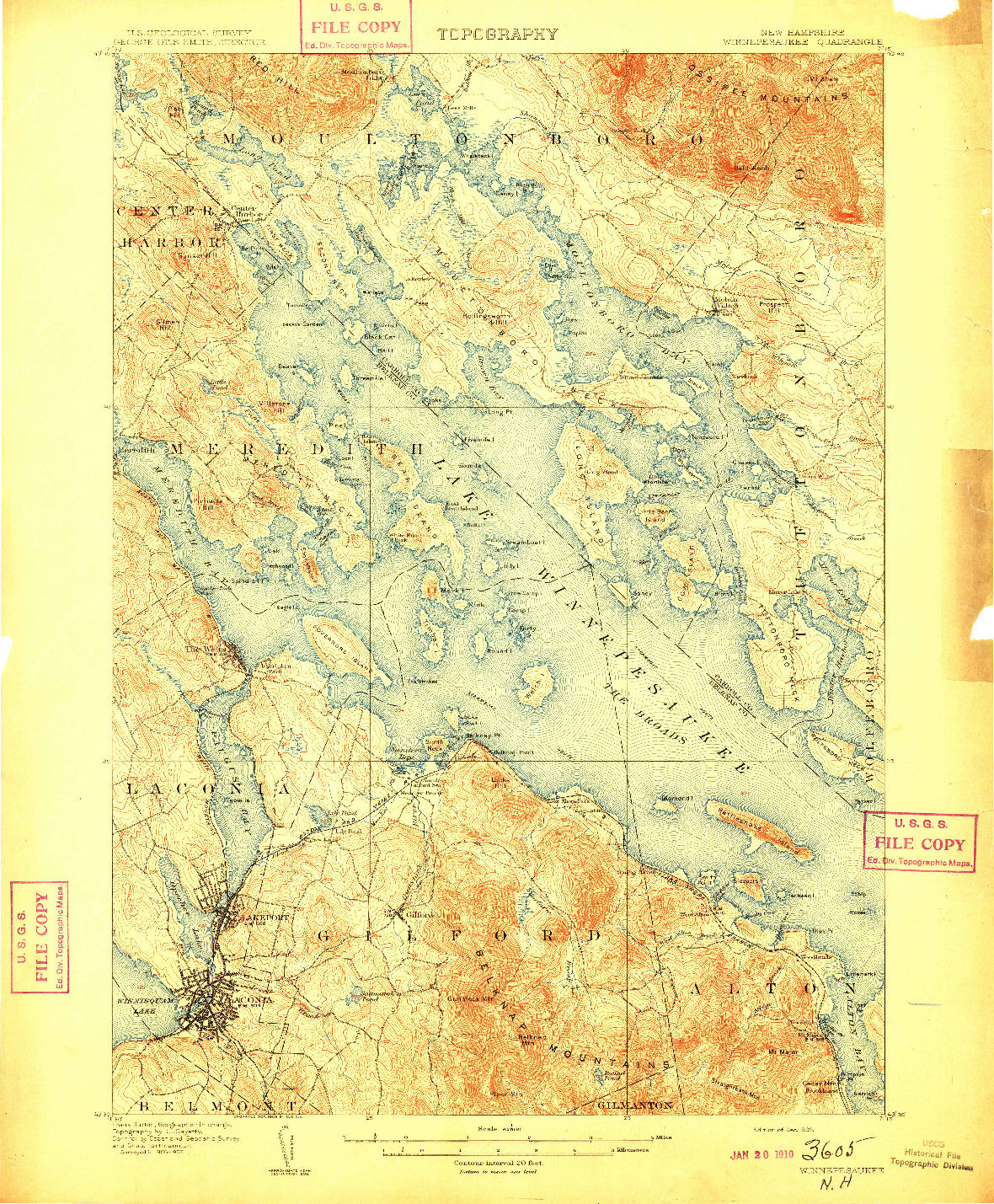 USGS 1:62500-SCALE QUADRANGLE FOR WINNEPESAUKEE, NH 1909