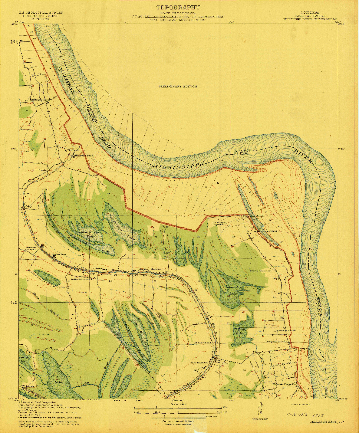 USGS 1:31680-SCALE QUADRANGLE FOR MILLIKENS BEND, LA 1909