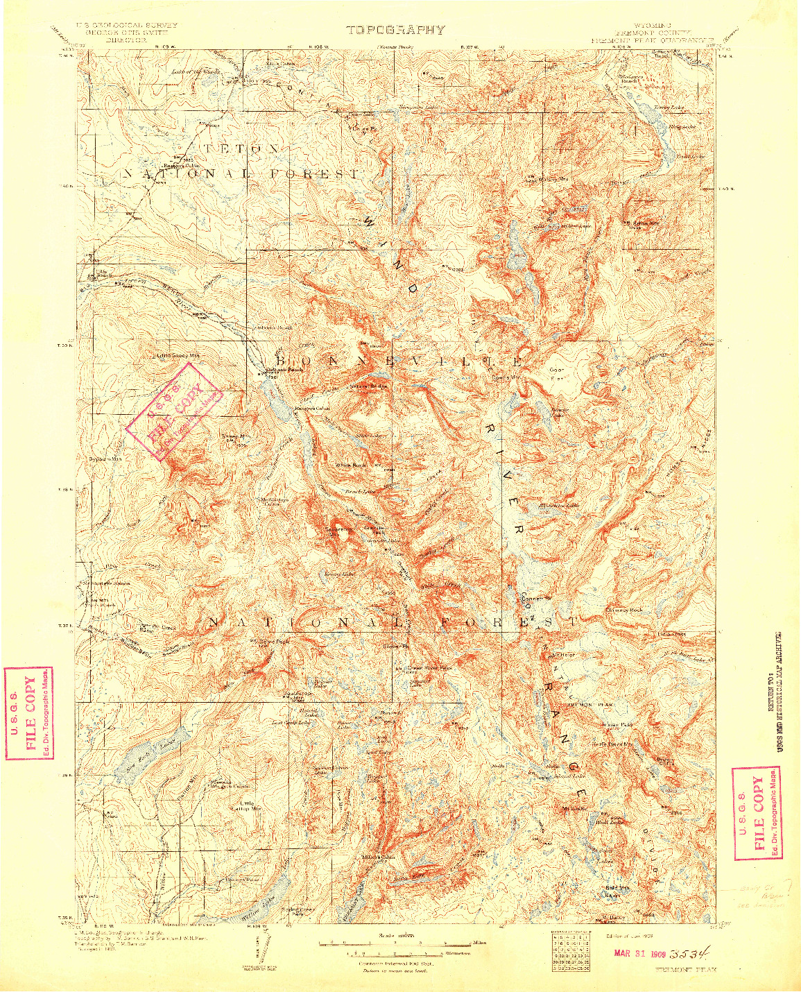 USGS 1:125000-SCALE QUADRANGLE FOR FREMONT PEAK, WY 1909