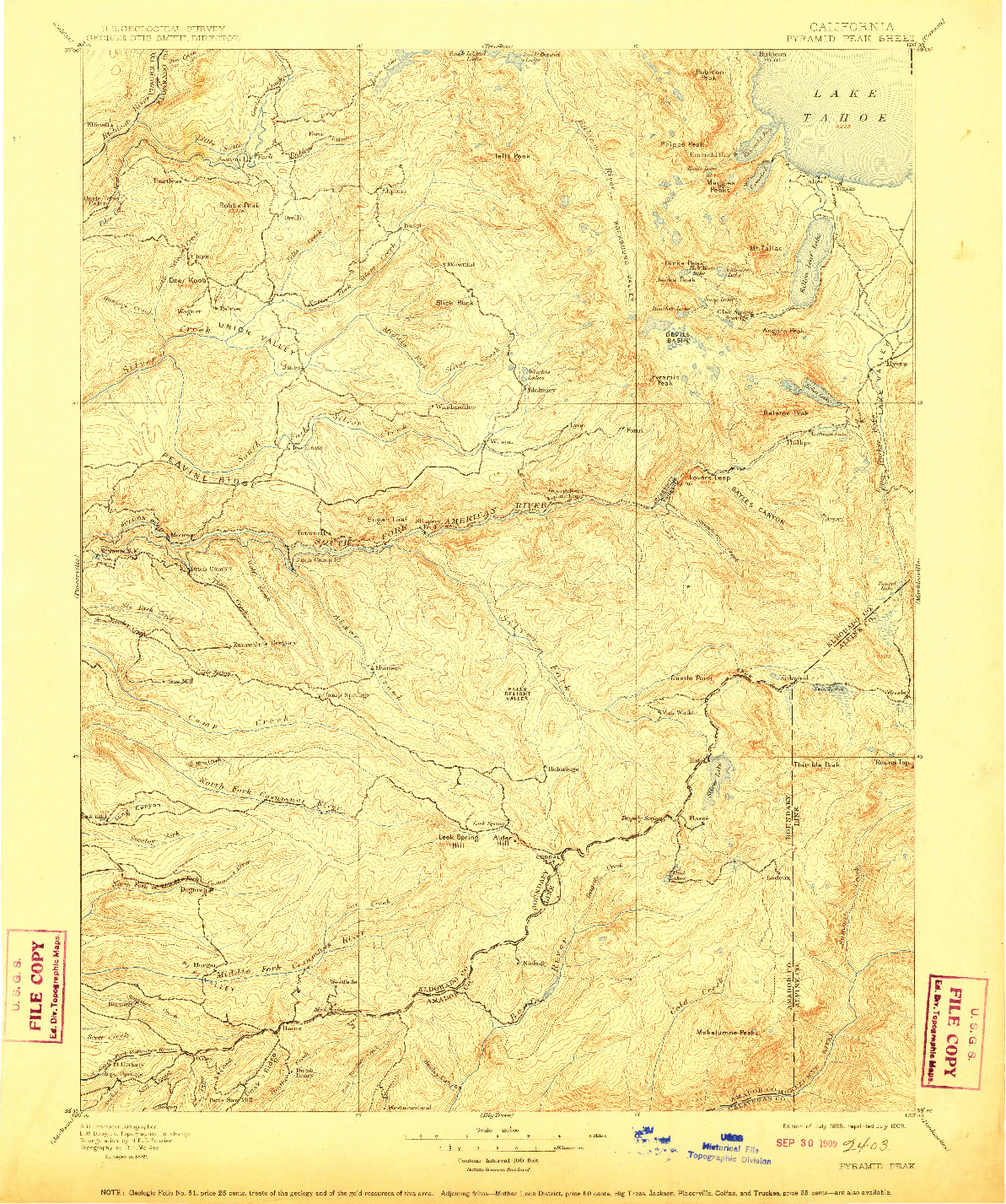 USGS 1:125000-SCALE QUADRANGLE FOR PYRAMID PEAK, CA 1896