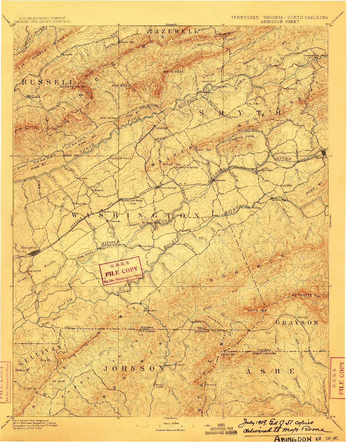 USGS 1:125000-SCALE QUADRANGLE FOR ABINGDON, TN 1909