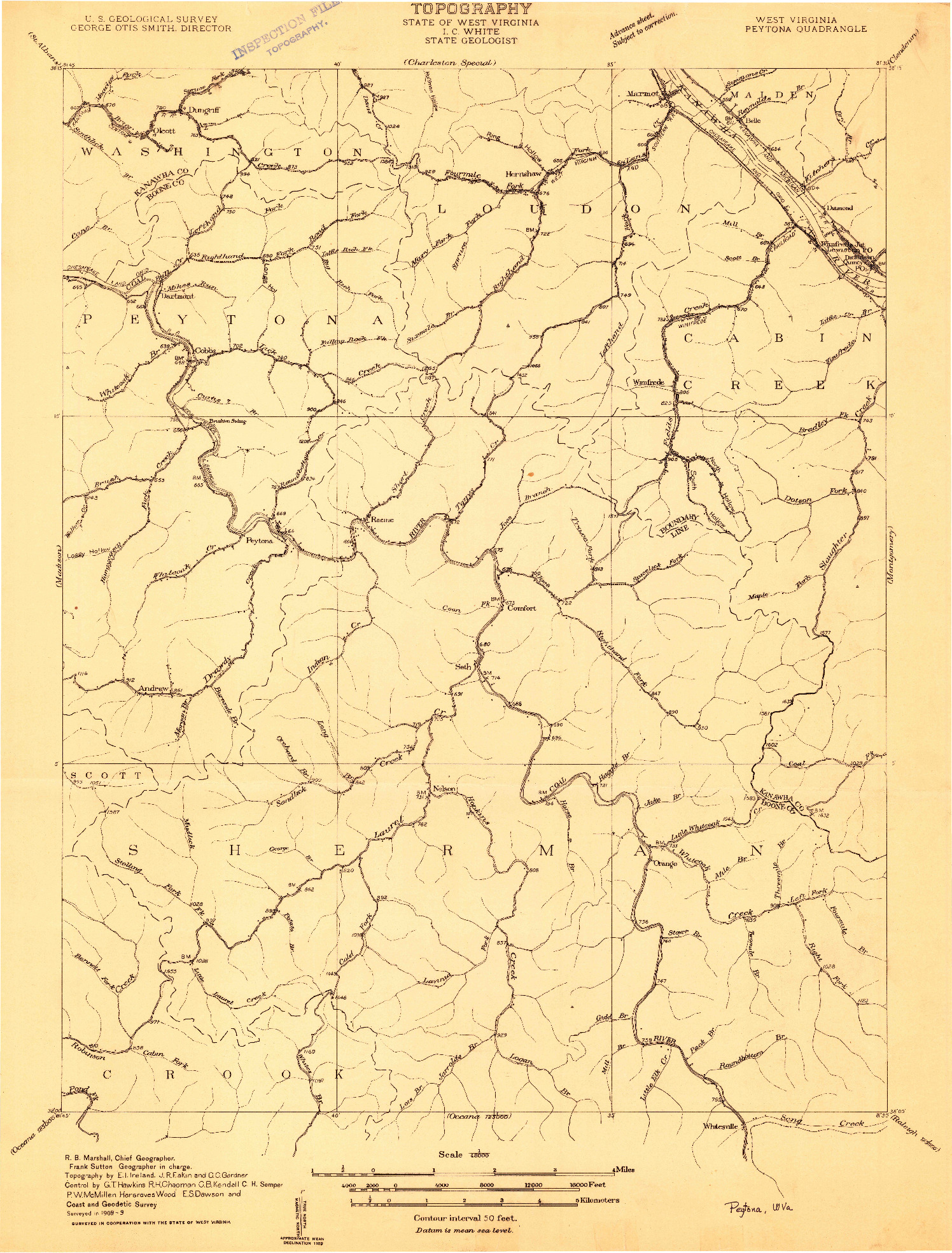 USGS 1:48000-SCALE QUADRANGLE FOR PEYTONA, WV 1909