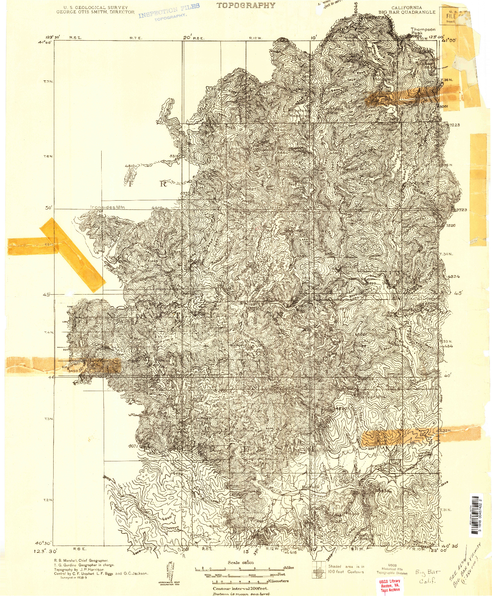 USGS 1:96000-SCALE QUADRANGLE FOR BIG BAR, CA 1909