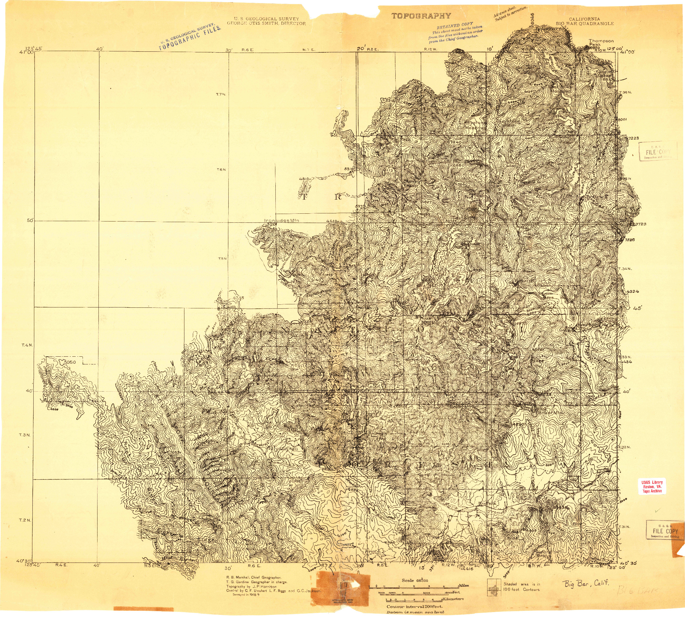 USGS 1:96000-SCALE QUADRANGLE FOR BIG BAR, CA 1909