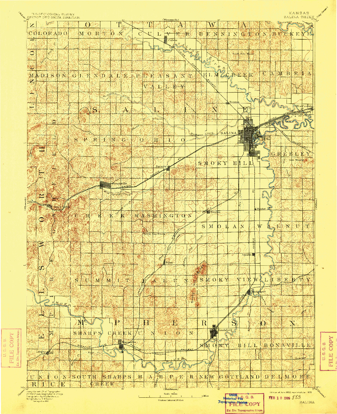 USGS 1:125000-SCALE QUADRANGLE FOR SALINA, KS 1892