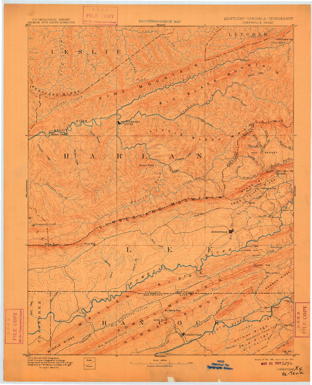 USGS 1:125000-SCALE QUADRANGLE FOR JONESVILLE, KY 1891