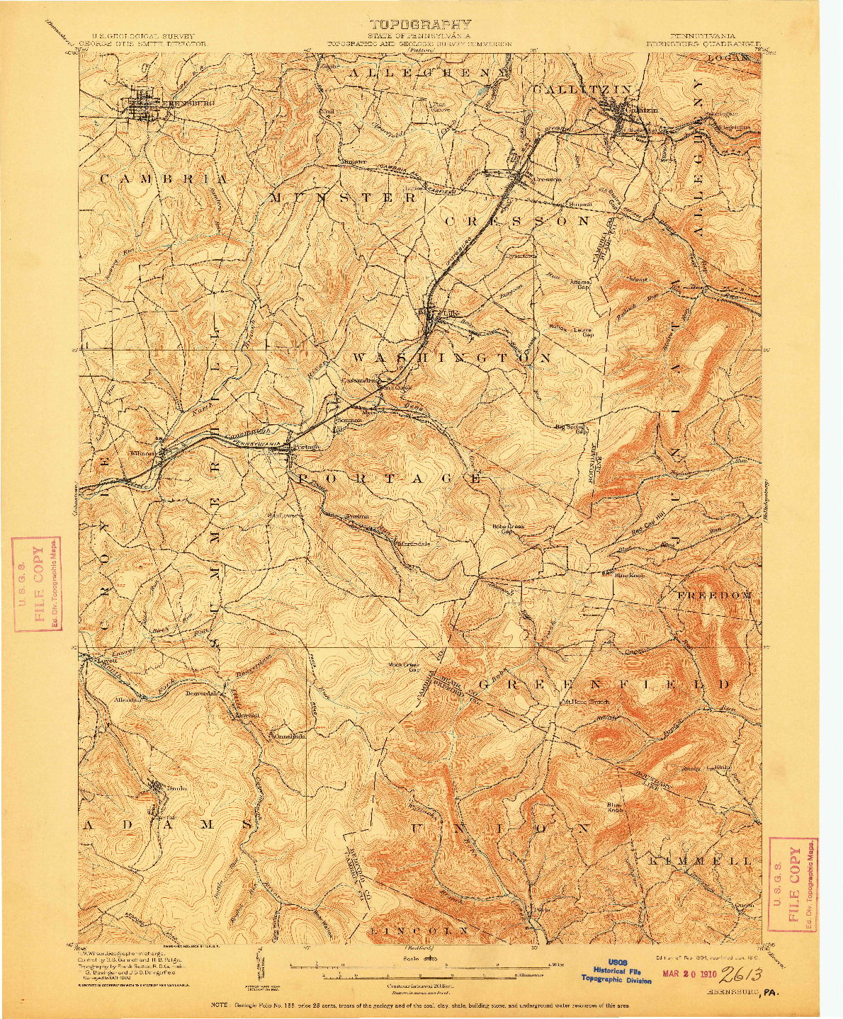 USGS 1:62500-SCALE QUADRANGLE FOR EBENSBURG, PA 1904