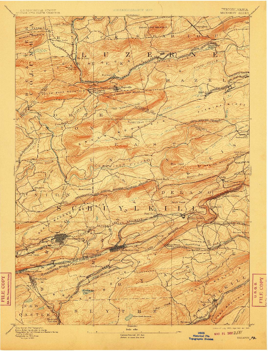 USGS 1:62500-SCALE QUADRANGLE FOR MAHANOY, PA 1893