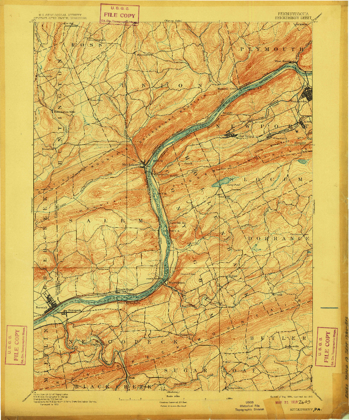 USGS 1:62500-SCALE QUADRANGLE FOR SHICKSHINNY, PA 1894