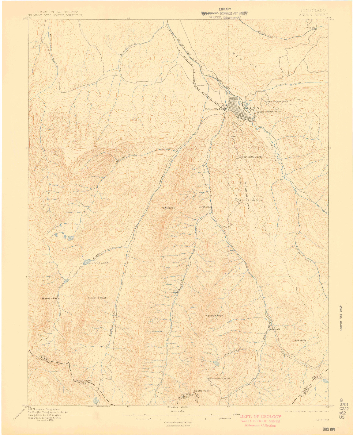 USGS 1:62500-SCALE QUADRANGLE FOR ASPEN, CO 1895