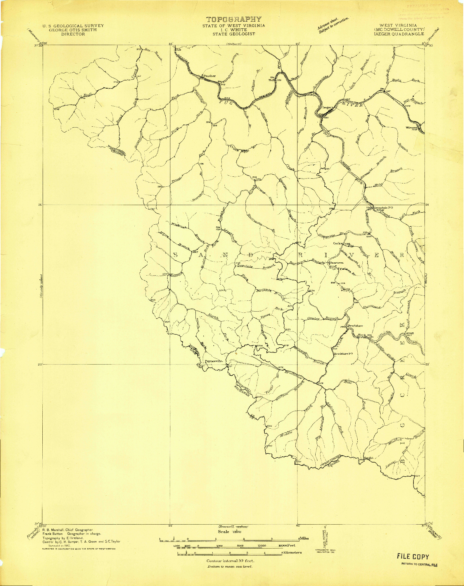 USGS 1:48000-SCALE QUADRANGLE FOR IAEGER, WV 1910
