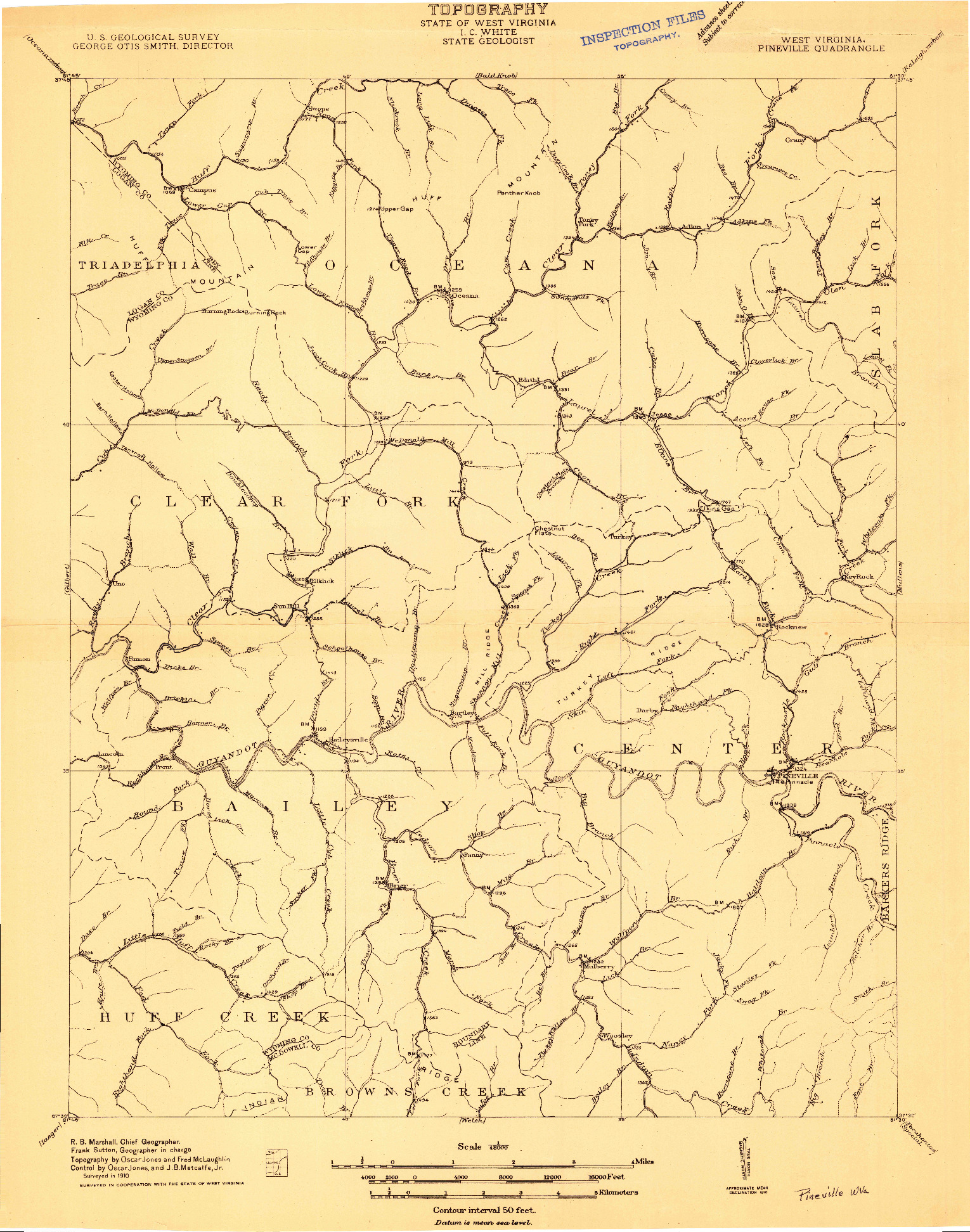 USGS 1:48000-SCALE QUADRANGLE FOR PINEVILLE, WV 1910