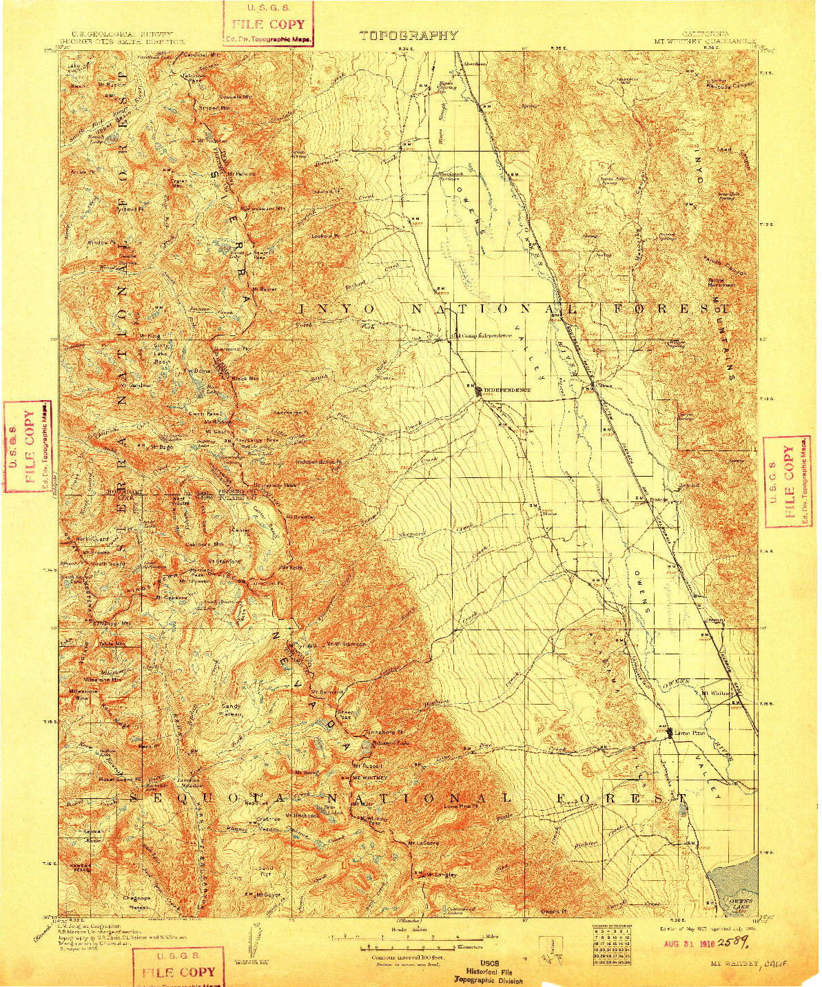 USGS 1:125000-SCALE QUADRANGLE FOR MT. WHITNEY, CA 1907