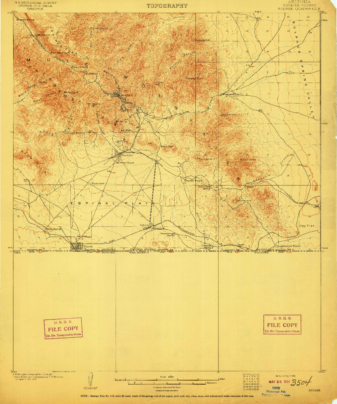 USGS 1:62500-SCALE QUADRANGLE FOR BISBEE, AZ 1910