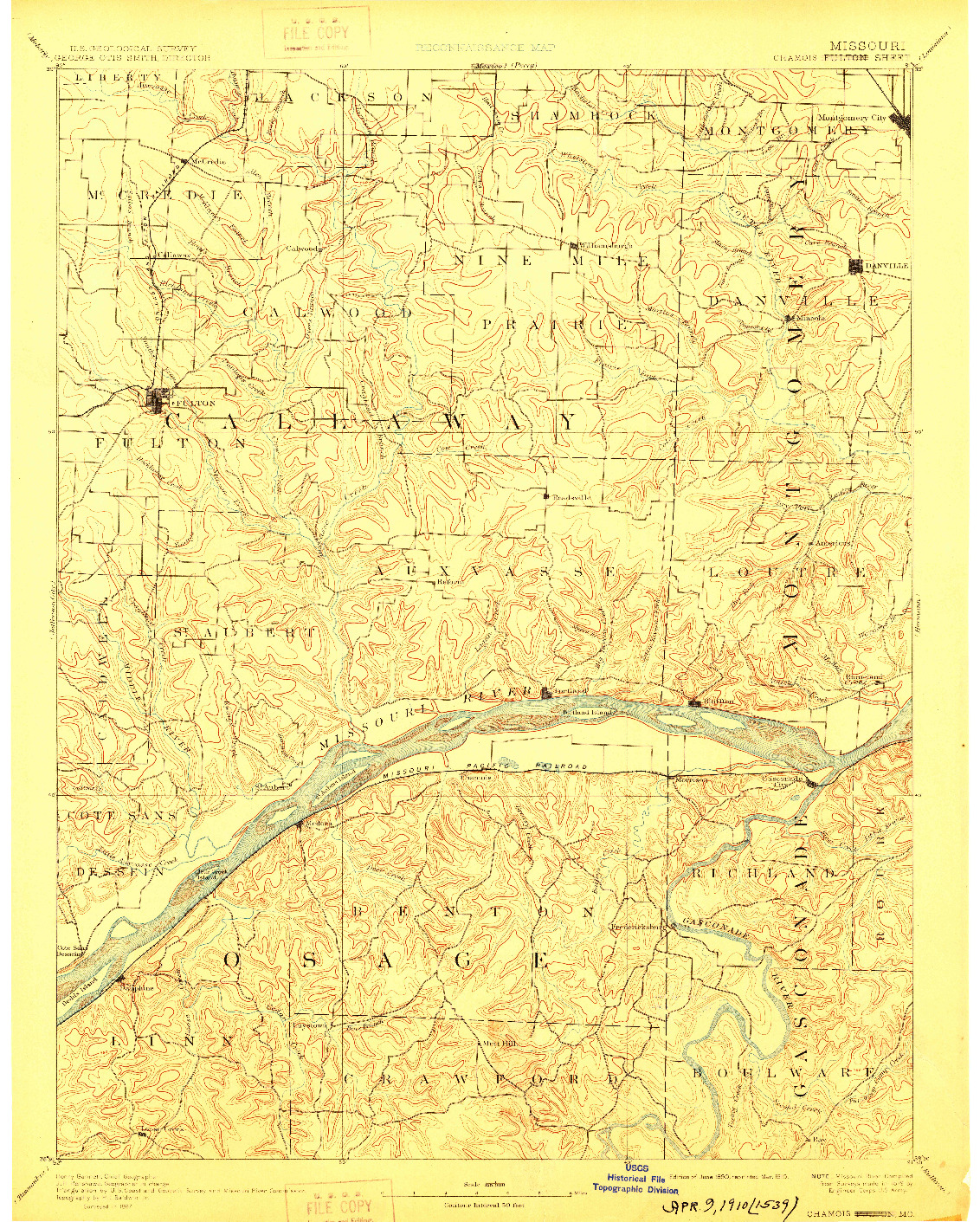 USGS 1:125000-SCALE QUADRANGLE FOR CHAMOIS, MO 1890