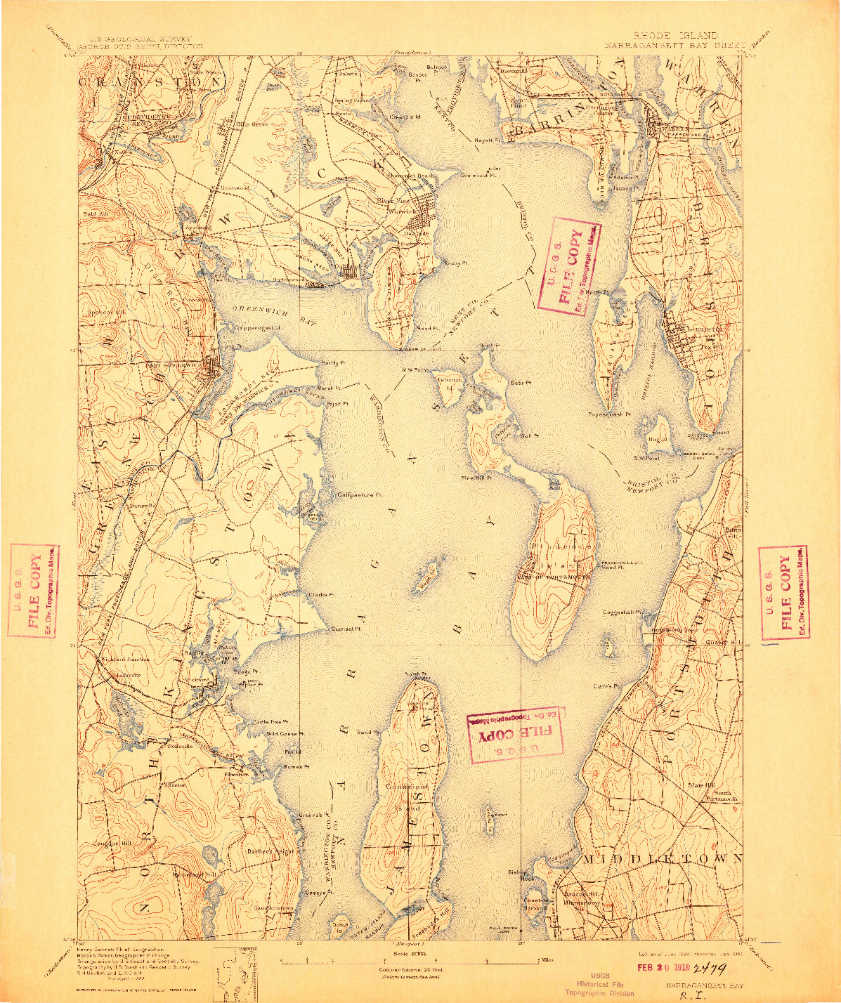 USGS 1:62500-SCALE QUADRANGLE FOR NARRAGANSETT BAY, RI 1892