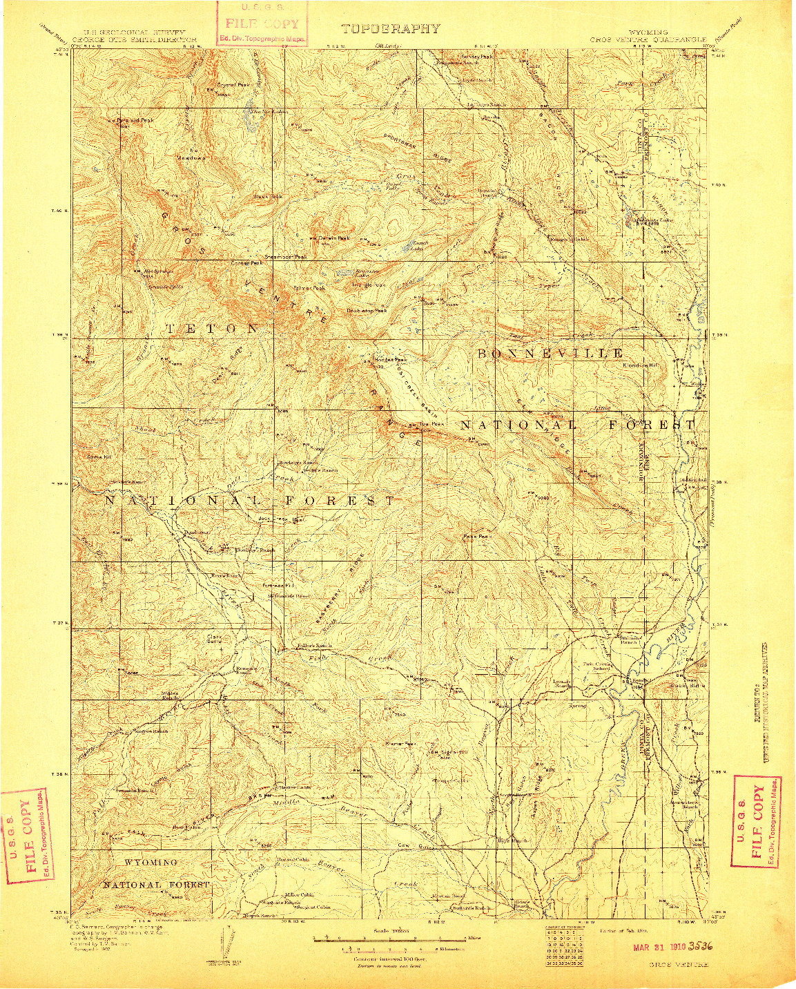 USGS 1:125000-SCALE QUADRANGLE FOR GROS VENTRE, WY 1910