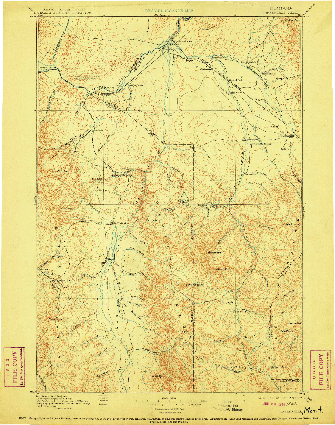 USGS 1:250000-SCALE QUADRANGLE FOR THREE FORKS, MT 1895