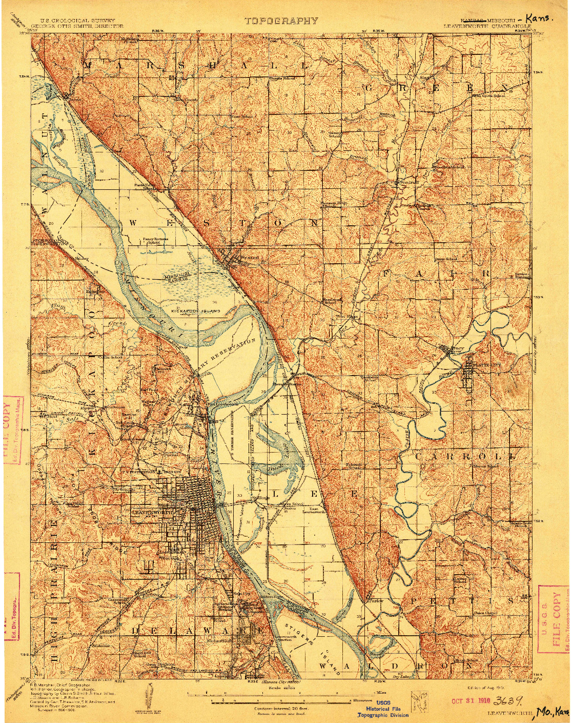 USGS 1:62500-SCALE QUADRANGLE FOR LEAVENWORTH, KS 1910
