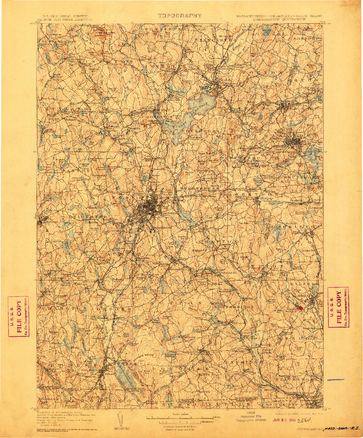 USGS 1:125000-SCALE QUADRANGLE FOR QUINSIGAMOND, MA 1908