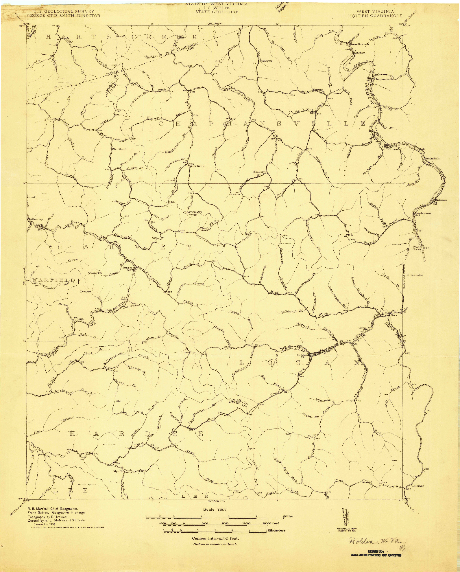 USGS 1:48000-SCALE QUADRANGLE FOR HOLDEN, WV 1910