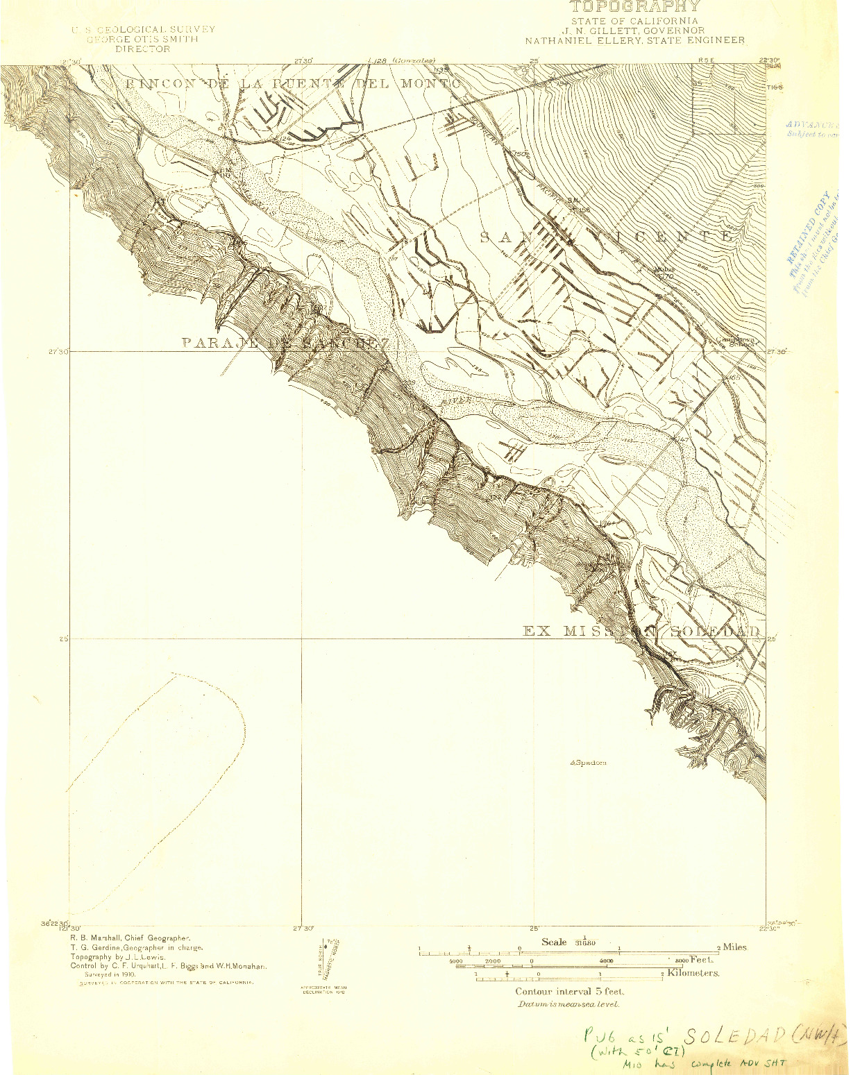 USGS 1:31680-SCALE QUADRANGLE FOR SOLEDAD, CA 1910