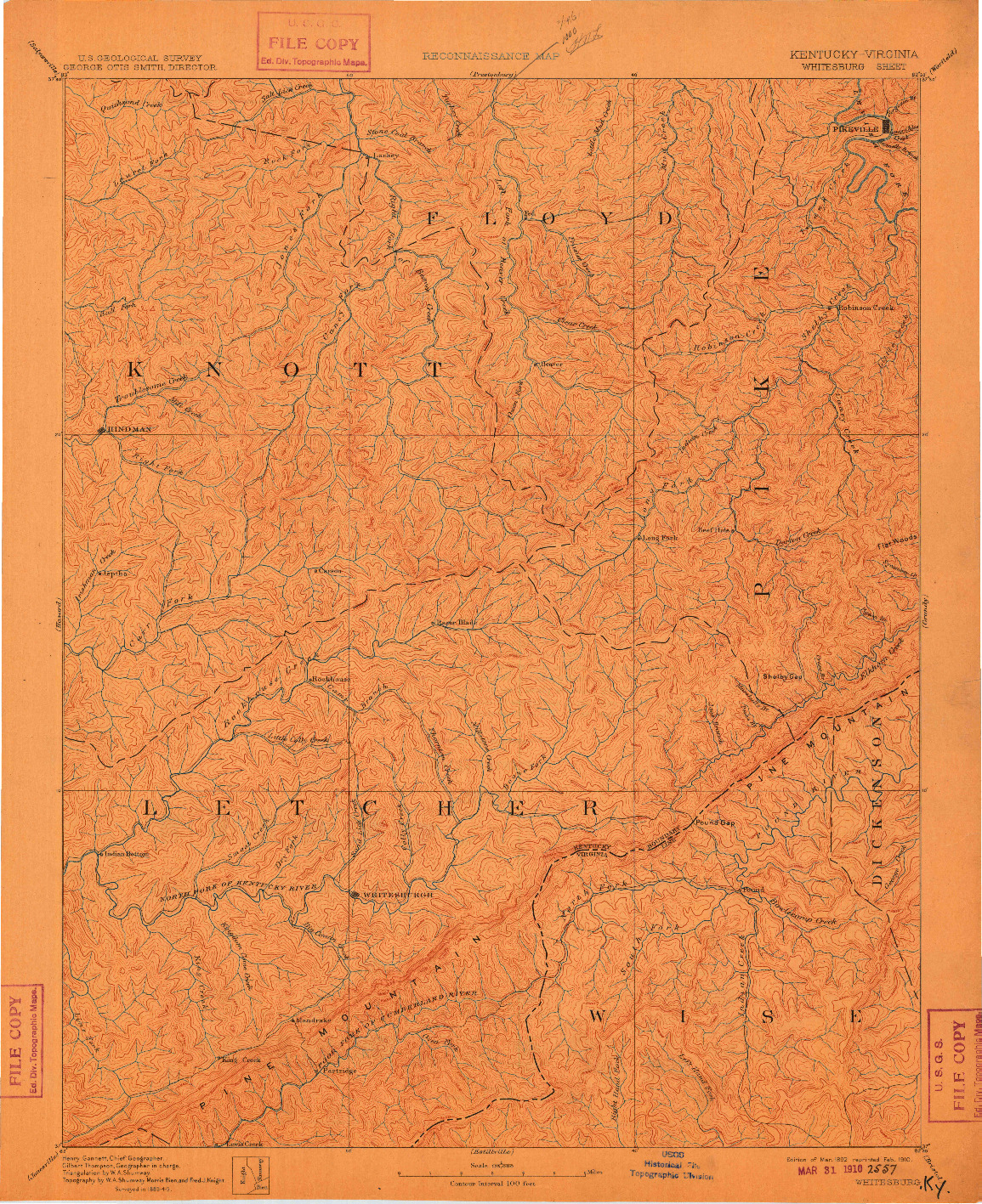 USGS 1:125000-SCALE QUADRANGLE FOR WHITESBURG, KY 1892