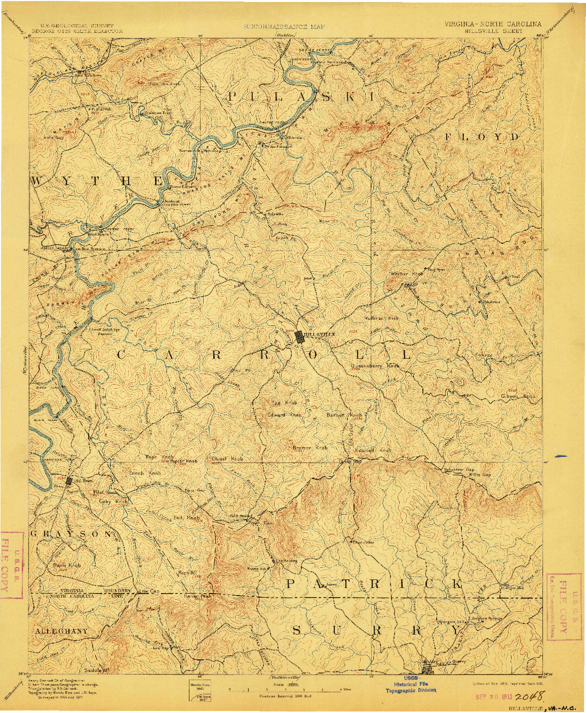 USGS 1:125000-SCALE QUADRANGLE FOR HILLSVILLE, VA 1896