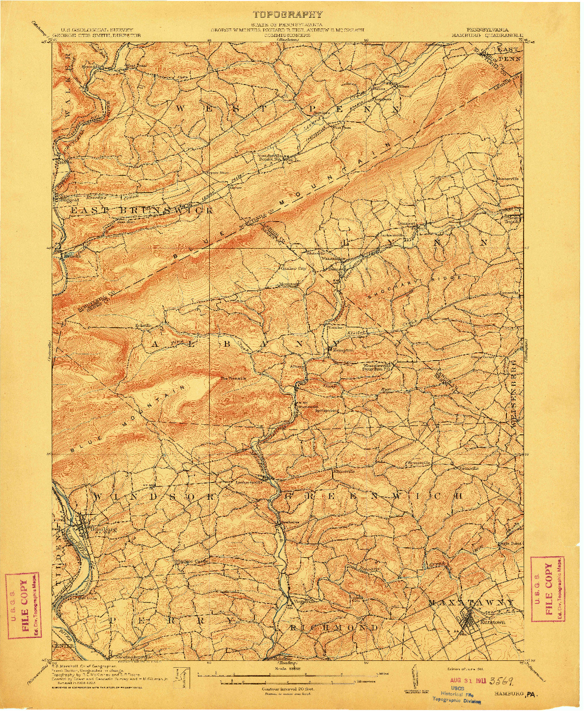 USGS 1:62500-SCALE QUADRANGLE FOR HAMBURG, PA 1911