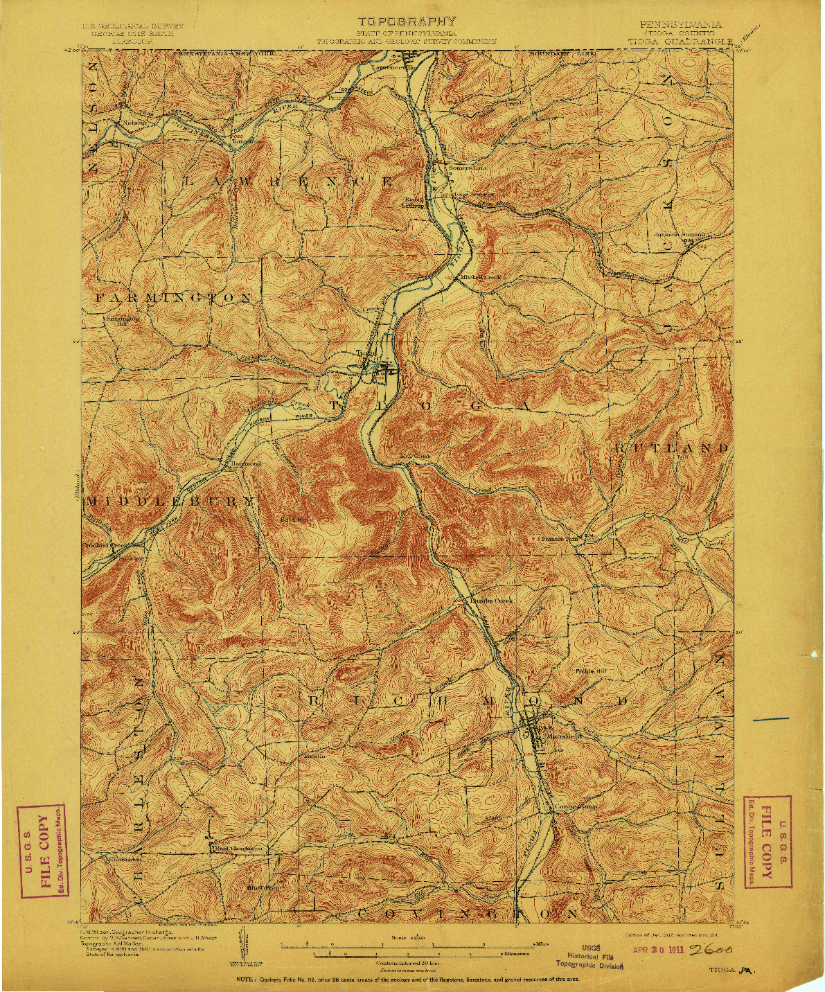 USGS 1:62500-SCALE QUADRANGLE FOR TIOGA, PA 1902