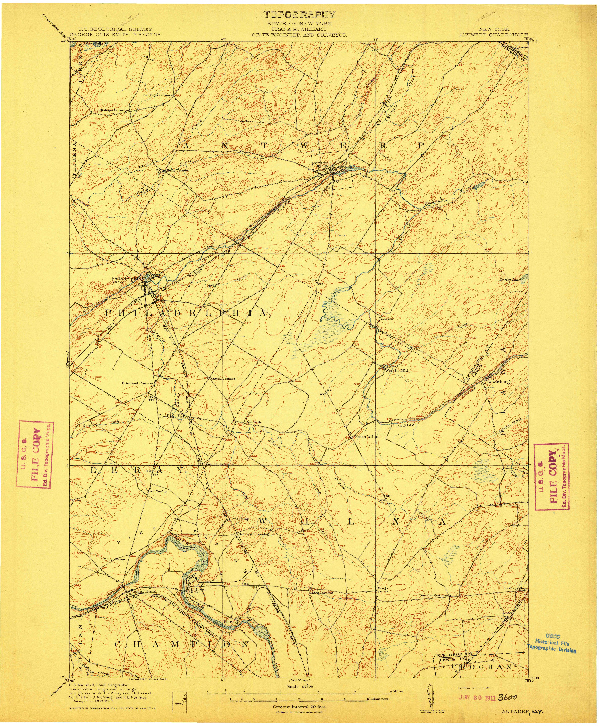 USGS 1:62500-SCALE QUADRANGLE FOR ANTWERP, NY 1911