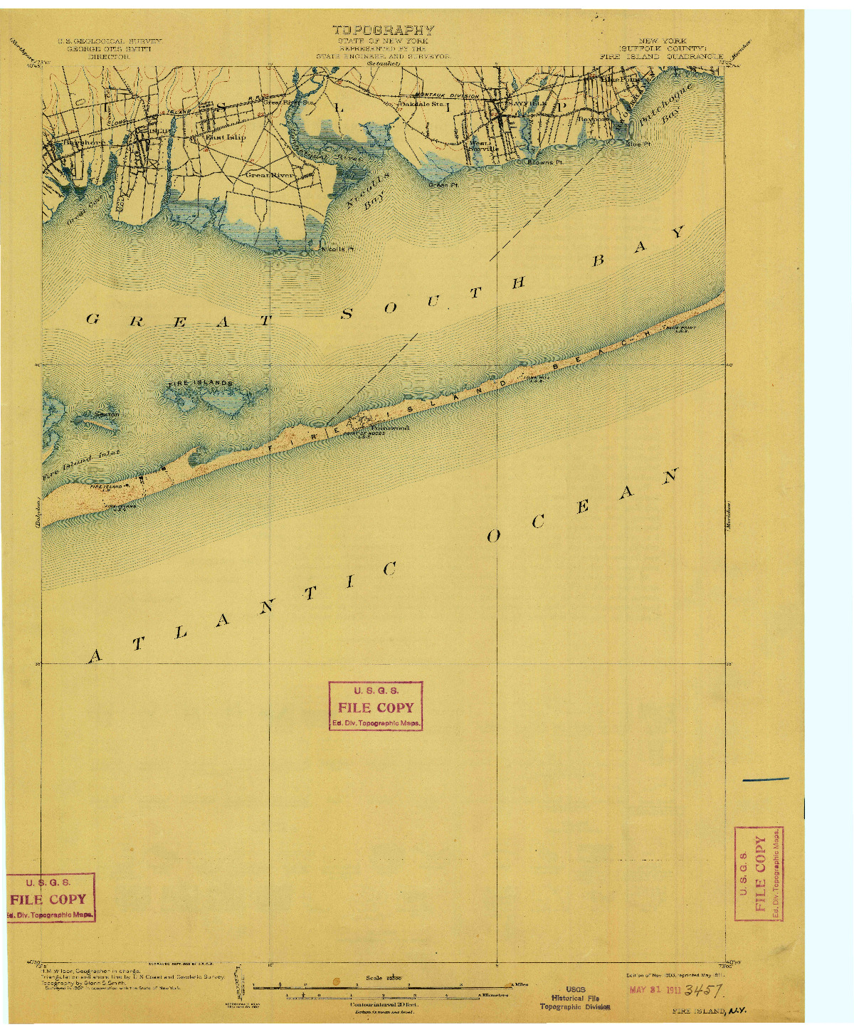 USGS 1:62500-SCALE QUADRANGLE FOR FIRE ISLAND, NY 1903