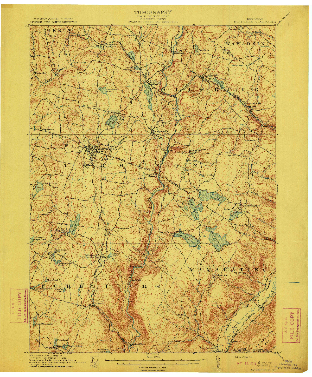 USGS 1:62500-SCALE QUADRANGLE FOR MONTICELLO, NY 1911