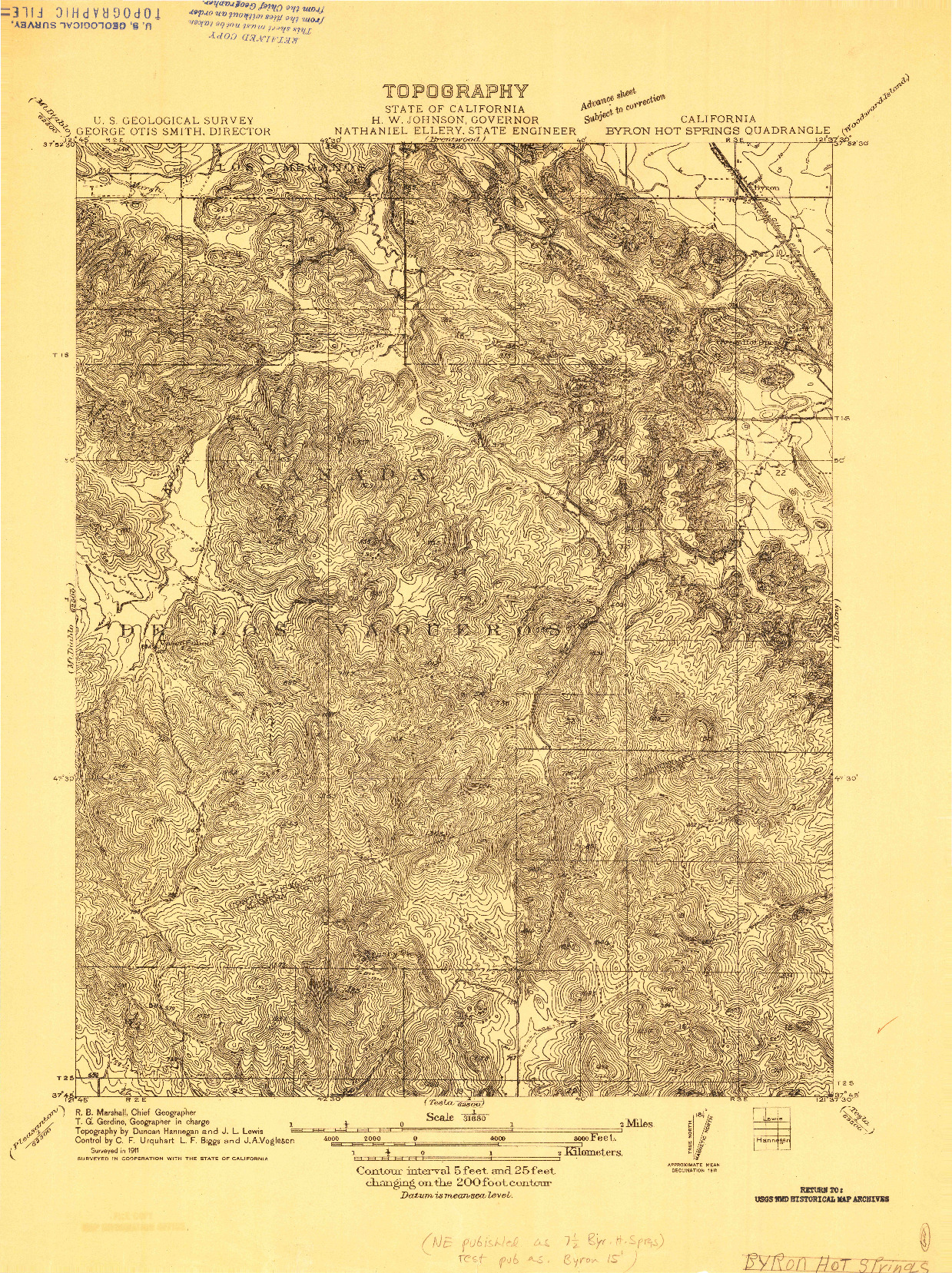 USGS 1:31680-SCALE QUADRANGLE FOR BYRON HOT SPRINGS, CA 1911