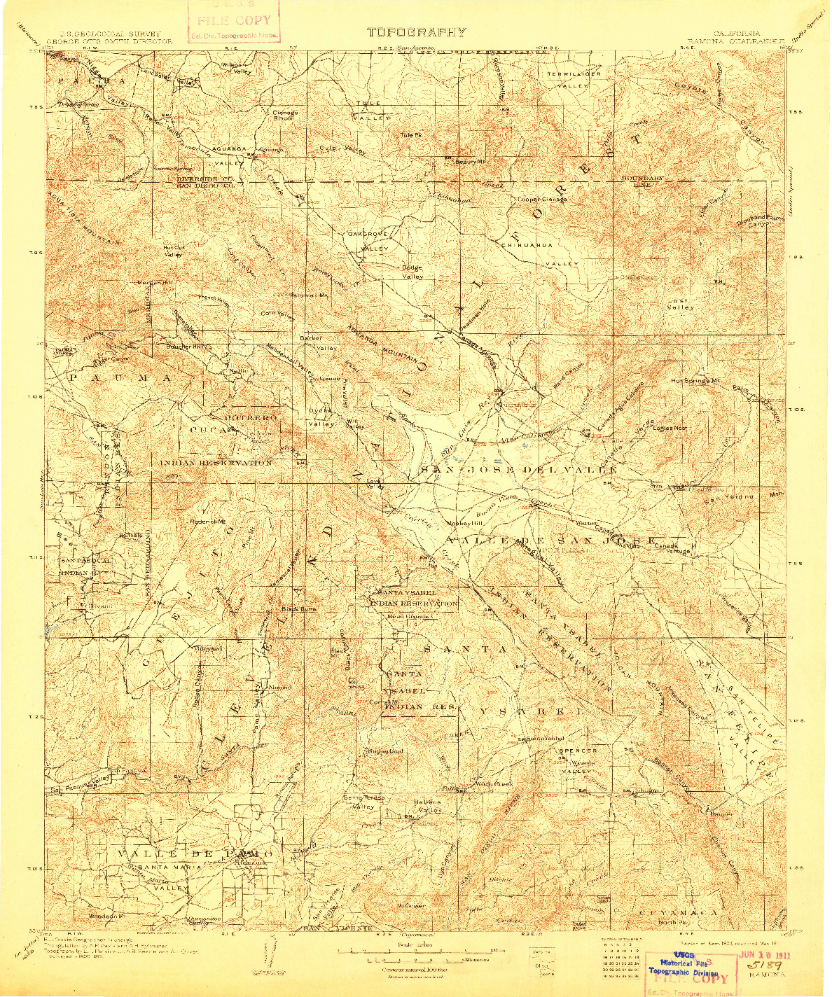 USGS 1:125000-SCALE QUADRANGLE FOR RAMONA, CA 1903