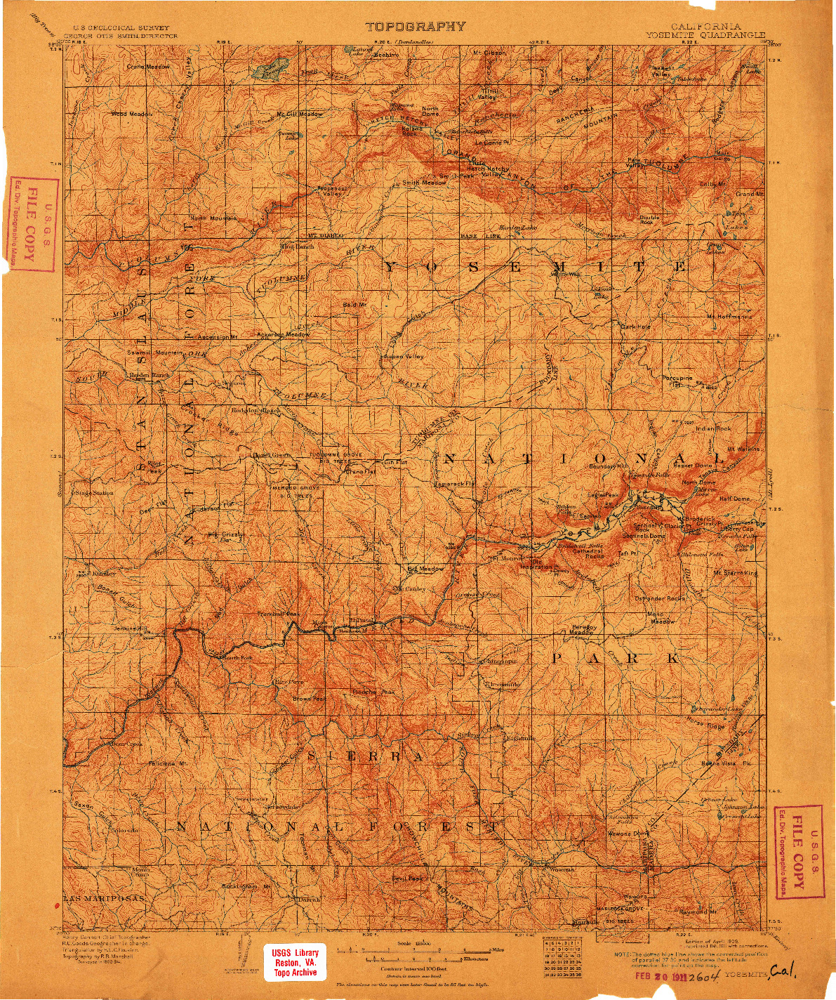 USGS 1:125000-SCALE QUADRANGLE FOR YOSEMITE, CA 1909