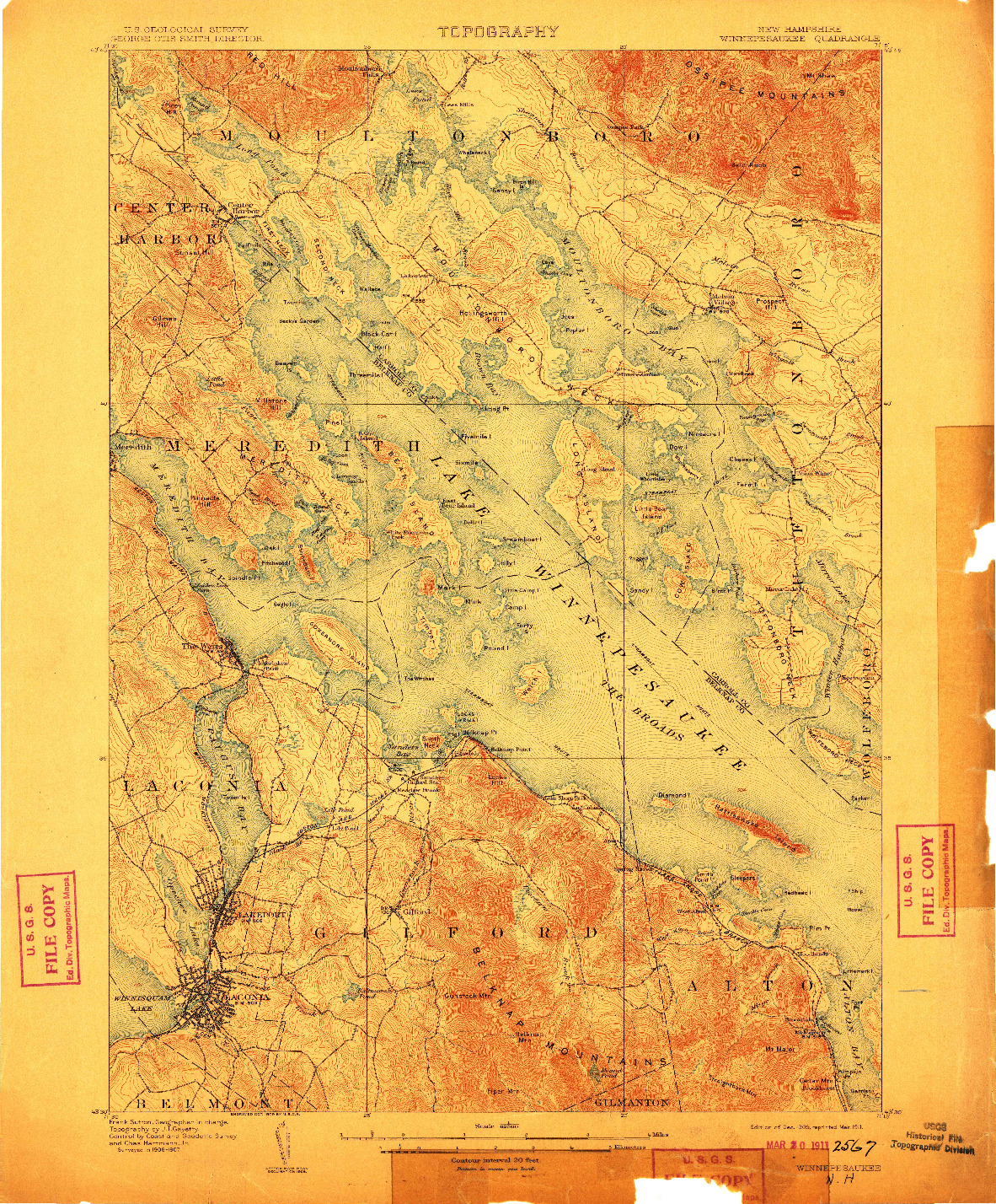 USGS 1:62500-SCALE QUADRANGLE FOR WINNEPESAUKEE, NH 1909