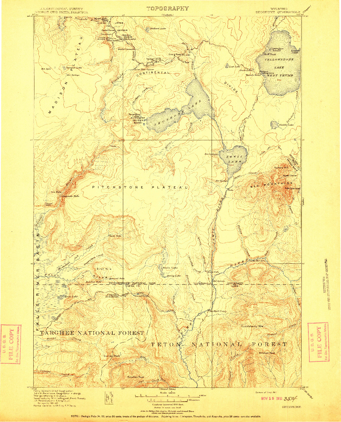 USGS 1:125000-SCALE QUADRANGLE FOR SHOSHONE, WY 1911