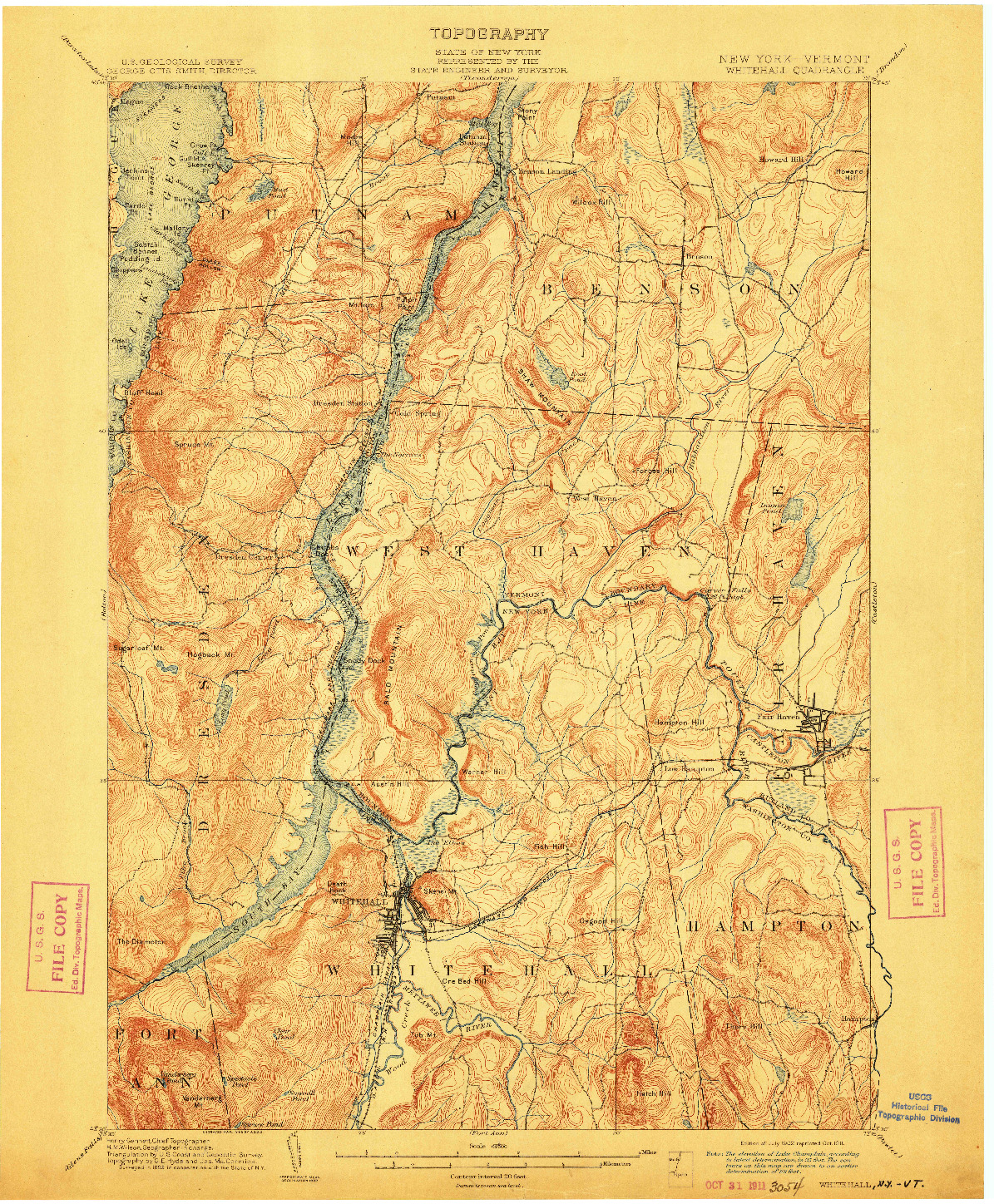 USGS 1:62500-SCALE QUADRANGLE FOR WHITEHALL, NY 1902