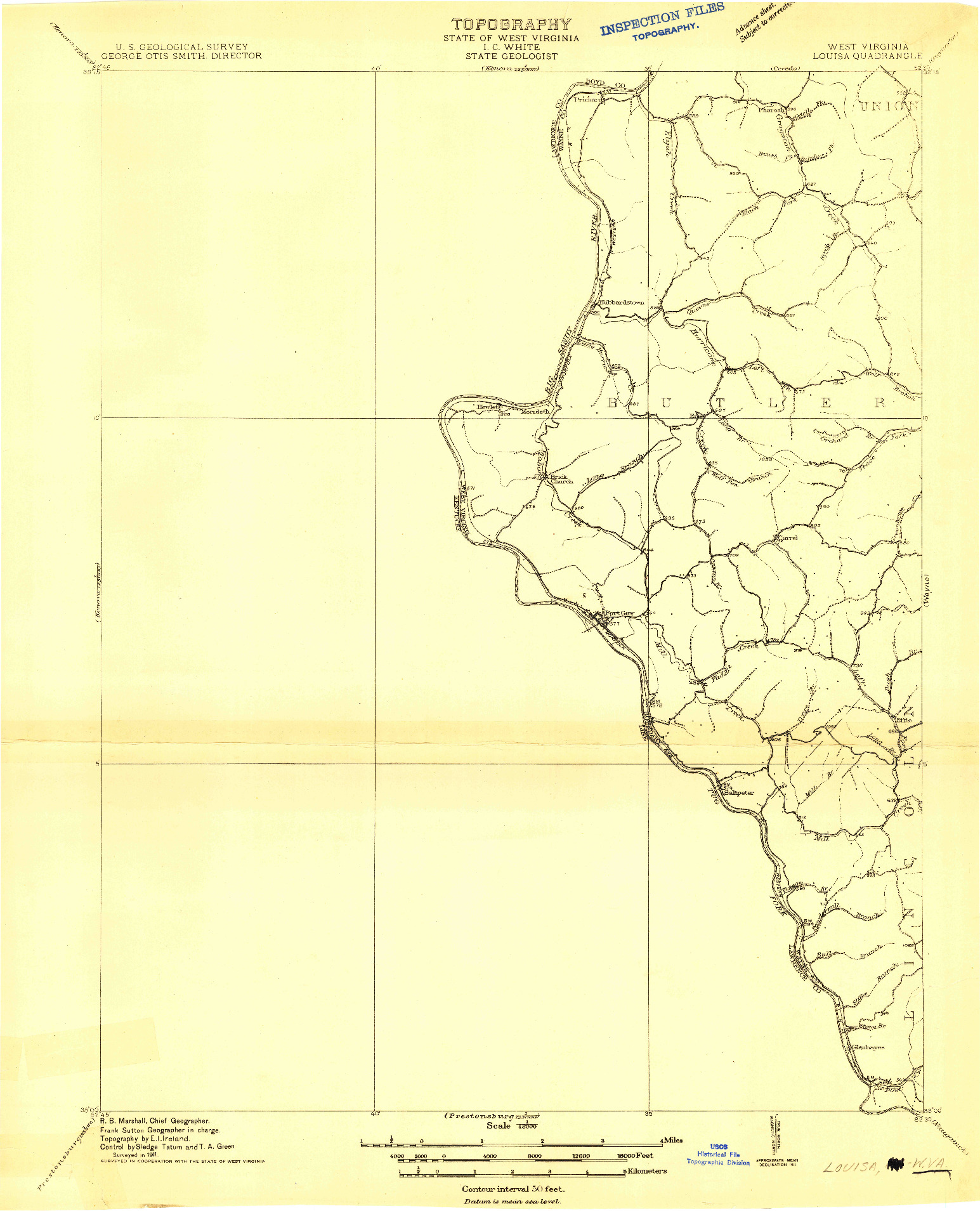 USGS 1:48000-SCALE QUADRANGLE FOR LOUISA, WV 1911