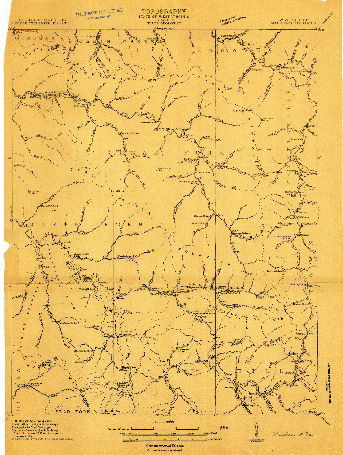 USGS 1:48000-SCALE QUADRANGLE FOR MARSHES, WV 1911