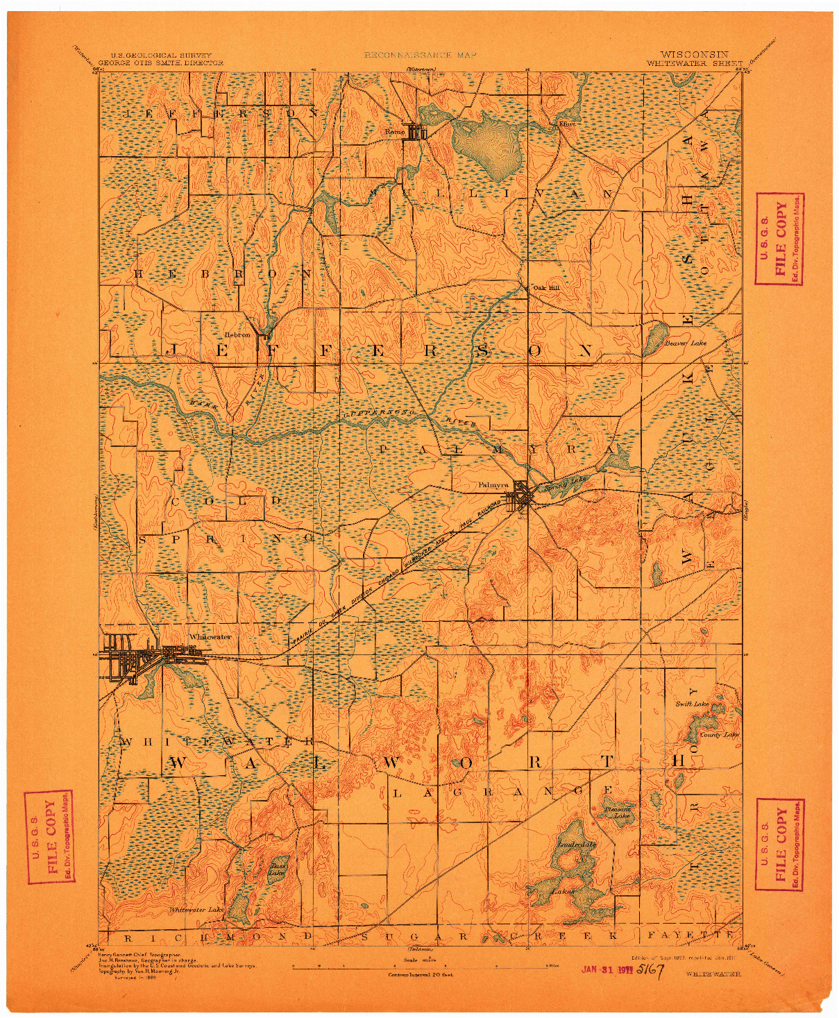 USGS 1:62500-SCALE QUADRANGLE FOR WHITEWATER, WI 1893