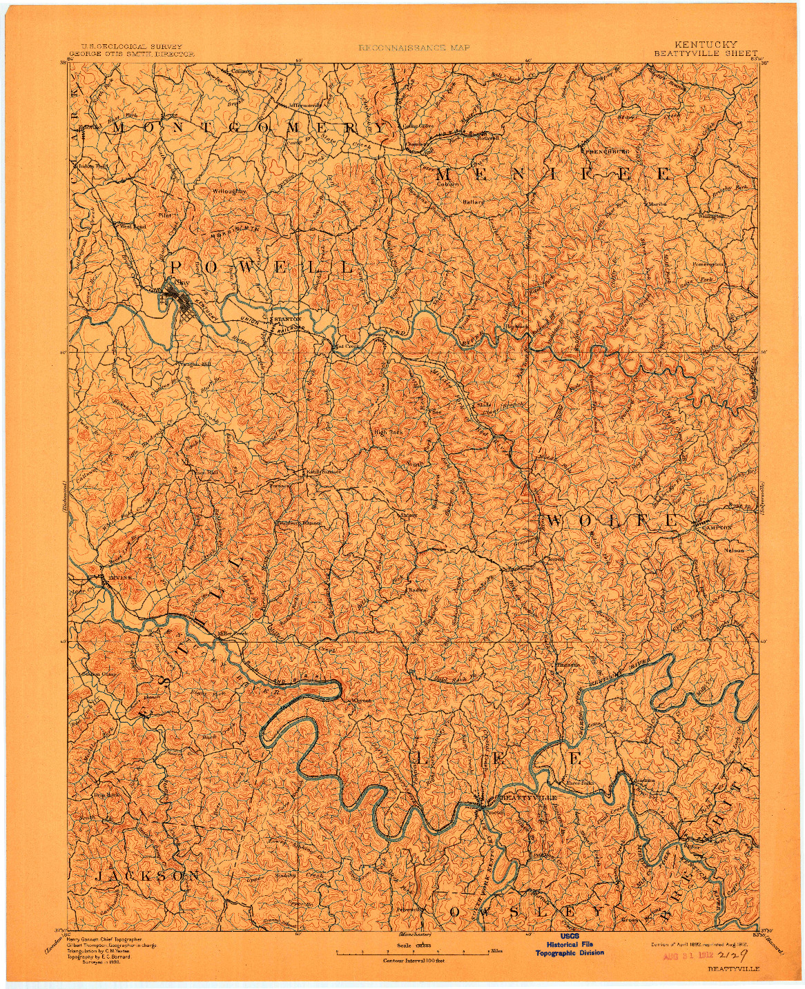 USGS 1:125000-SCALE QUADRANGLE FOR BEATTYVILLE, KY 1892