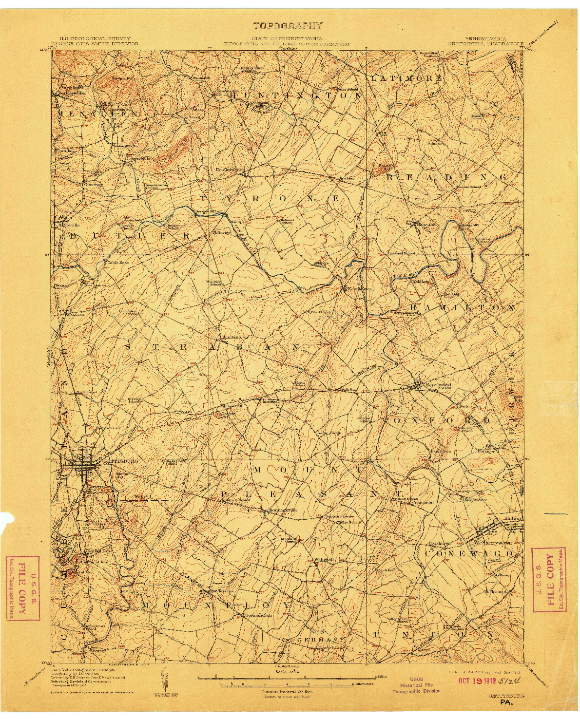 USGS 1:62500-SCALE QUADRANGLE FOR GETTYSBURG, PA 1908