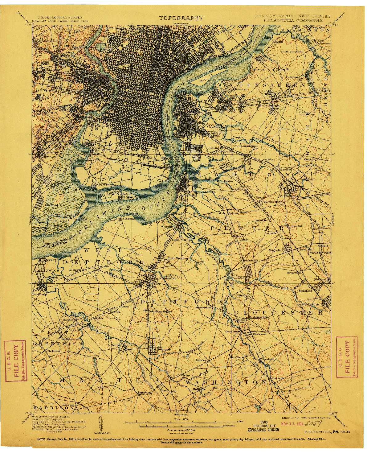 USGS 1:62500-SCALE QUADRANGLE FOR PHILADELPHIA, PA 1898