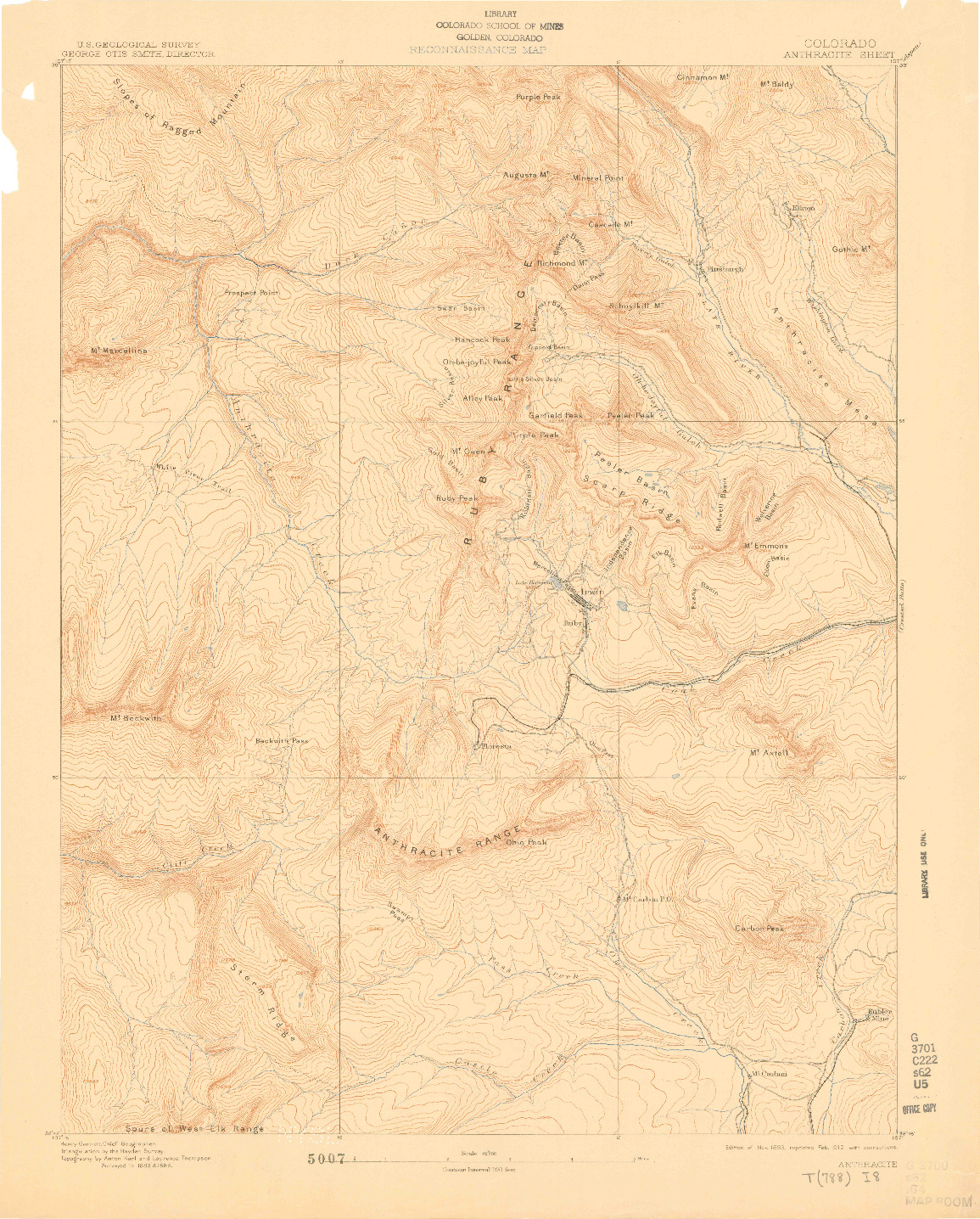 USGS 1:62500-SCALE QUADRANGLE FOR ANTHRACITE, CO 1893