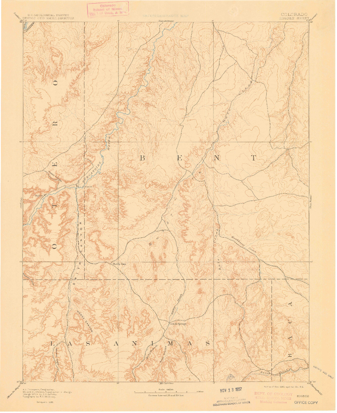 USGS 1:125000-SCALE QUADRANGLE FOR HIGBEE, CO 1893